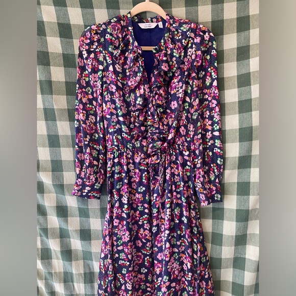 a line midi dress long sleeve Long-Sleeved Midi Dress with Flared Skirt in Plain Navy Silk